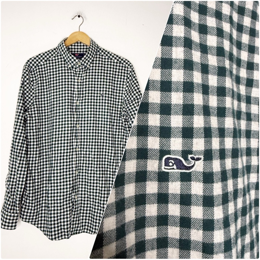 Vineyard Vines Whale Shirt Men’s Large Green & White Gingham Check Button Down
